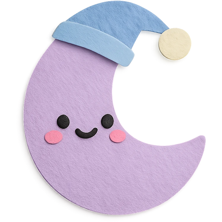adorable pastel purple crescent moon, wearing a sleeping cap, no arms or legs, full body, kawaii paper craft style emoji