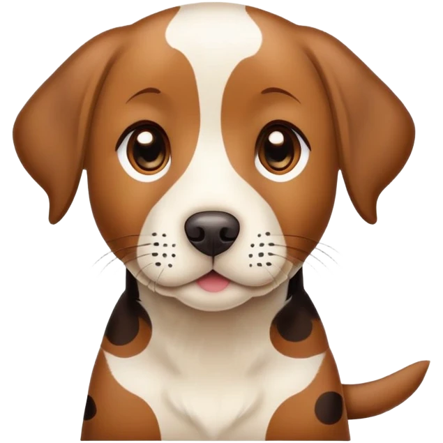 spotted brown Labrador retriever with calico pattern, friendly face emoji