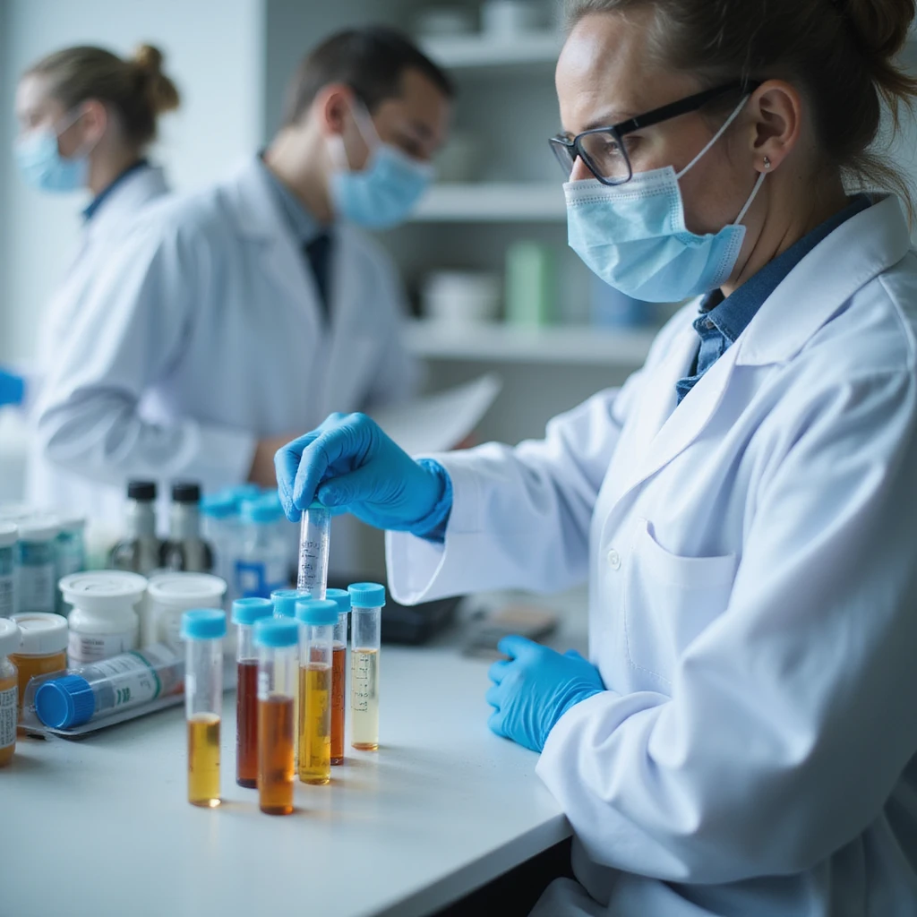 realistic doctor labeling test tubes with fecal samples for parasitological analysis, organized laboratory emoji