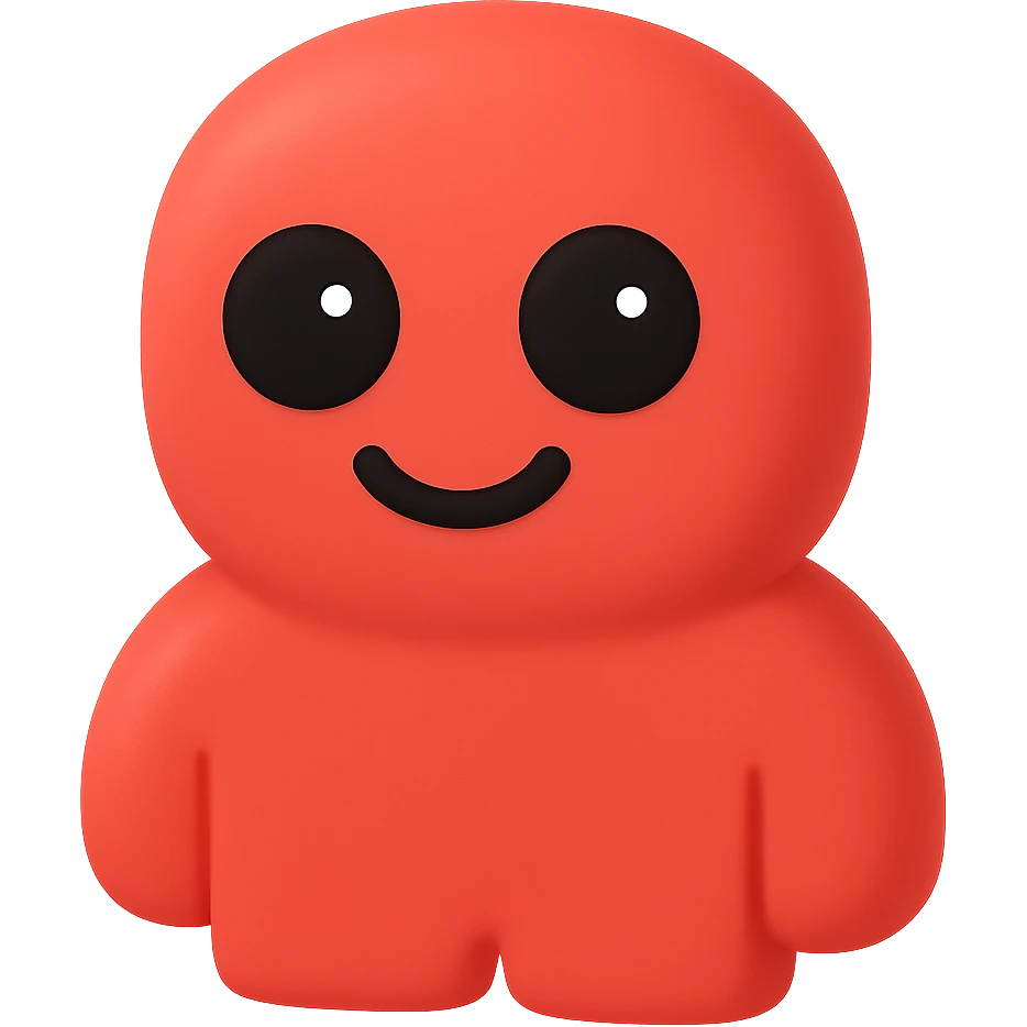 Make the red character smile, keep black eyes with white pupils, no background, transparent background, style similar to a red cartoon character with black eyes and white pupils, no background emoji