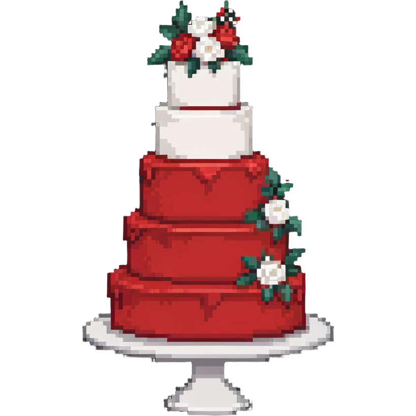 Red wedding cake with white frosting details and small roses emoji