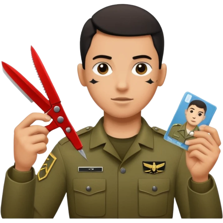 Floating black Scissors cutting in half an idf soldier ID card with a little chip in 2 parts .hyper realistic emoji