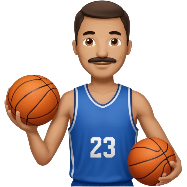 bold man basketball player blue jersey with mustache holding basket ball emoji