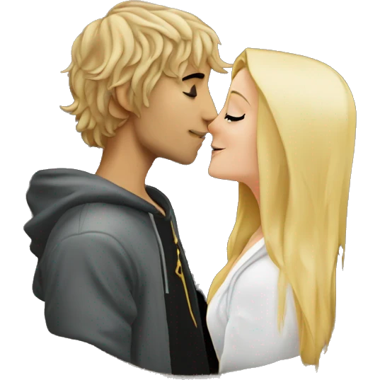 Pippin-hobbit wearing hoodie passionately kissing pretty blonde woman with black top emoji