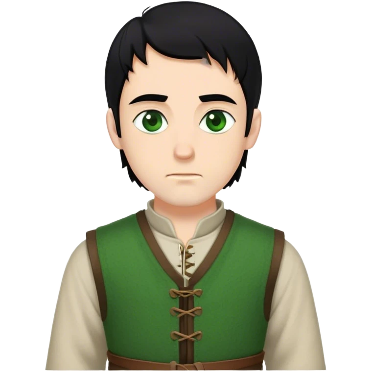 medieval outfit worn by a DnD themed fantasy character. basic rough-spun tunic with a thick wool vest. clothes only above the waist. The clothes full waist. The character's haven't arms. character is black hair green eyes short wavy hair white man. emoji