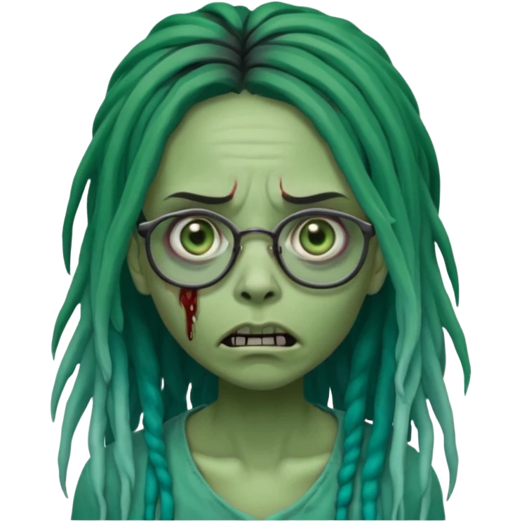 One female green-skinned, zombie with glasses, with ombre black & teal long dreadlocks and a worried expression with a small wound near its mouth. emoji