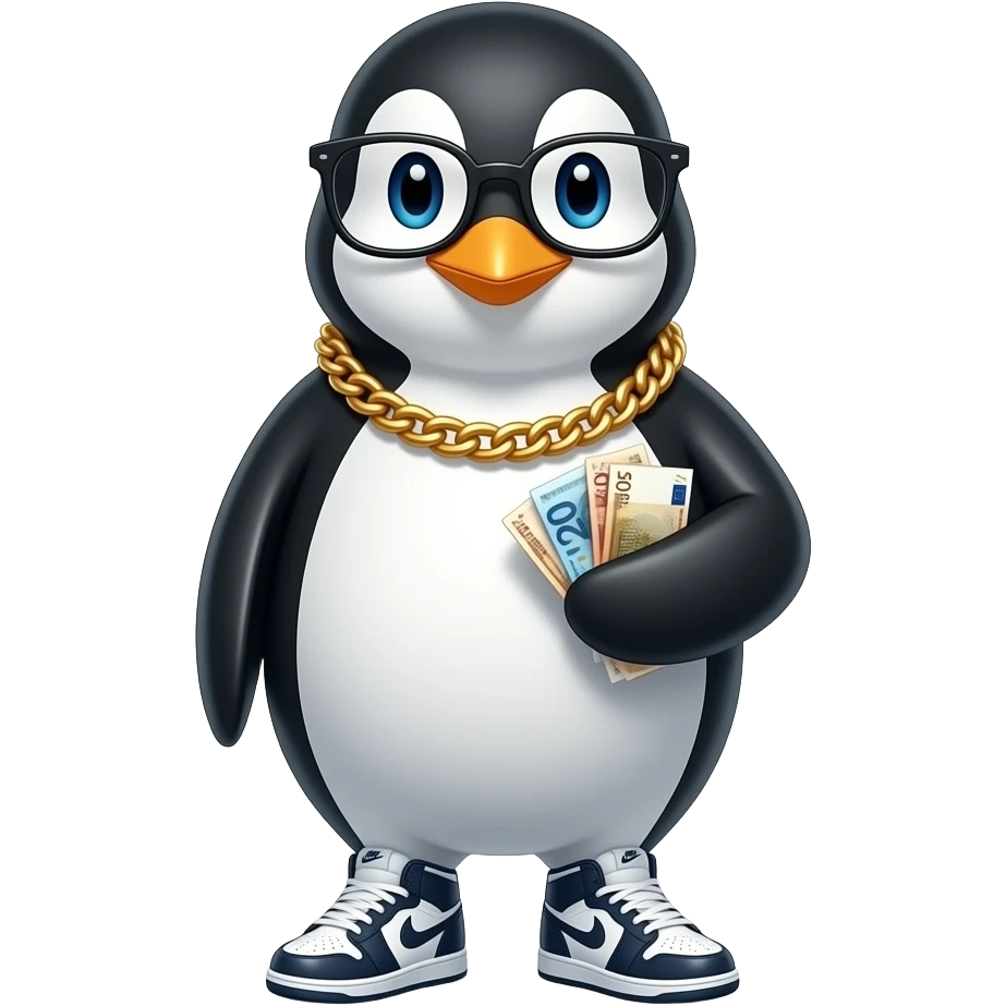 Bana bir gözlük takmış elinde püssürü euro parası olan ve altın zincir takmış nike ayakkıbı giymiş bir penguen emoji yap emoji