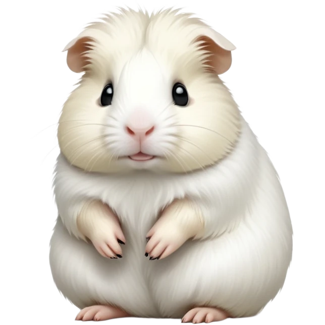 cinematic-[white guinea pig]-realistic-full-body-sitting-emoji,-tiny-paws-tucked-close,-head-tilted-dramatically,-fluffy-[solid white]-fur,-simplified-yet-realistic-focused-features,-highly-detailed,-glowing-with-an-almost-sarcastic-glow emoji