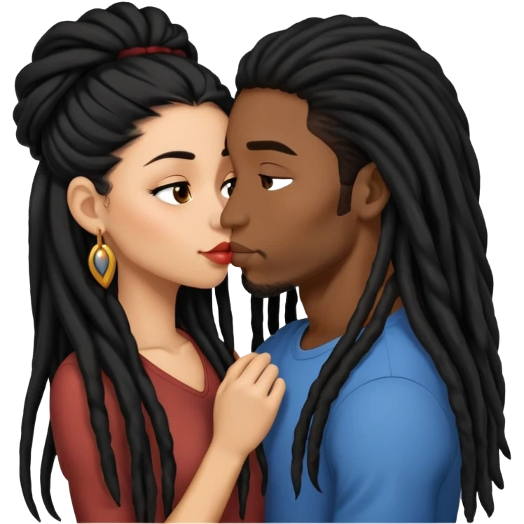 Latina Woman with long hair kissing a young black guy with dreads no beard emoji