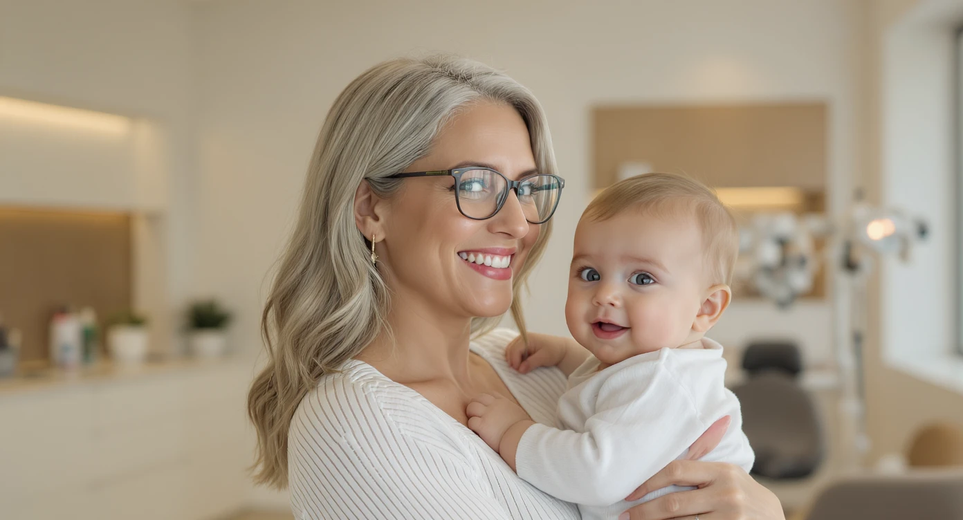 Cinematic still, Proffesional advertising of a smiling european white woman with glasses smiling holding baby, minimalistic ophthalmologist interior in background, leading  lines, "rule of thirds", 60/30/10 colors, soft light, warm colors, bokeh light in background emoji