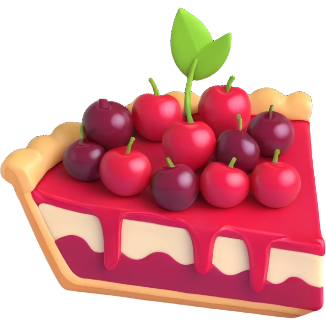 Create a 3D emoji style slice of cherry pie with glossy cherries on top, matching the shape and details of the reference image. No plate, fork, or background. No text or watermark. emoji