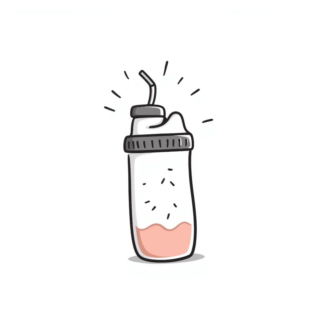 A protein shake in a shaker bottle with details in pastel colors (dd9fb0, ffc6d3, a3bfc9, c4bee2, f1b091), hand-drawn doodle style emoji