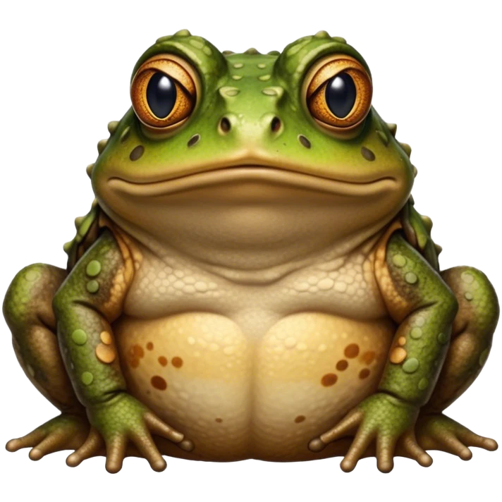 Cinematic Noble Toad Portrait Emoji, Poised and earthy, with a stout, robust build covered in textured, warty skin in warm, natural tones and deep, observant eyes, Simplified yet sharp and sophisticated features, highly detailed, glowing with a soft, natural mossy glow, high shine, intelligent and grounded, stylized with an air of rustic authority, focused and steady, soft glowing outline, capturing the essence of a watchful amphibian guardian that appears ready to leap out of the screen with effortless command! emoji