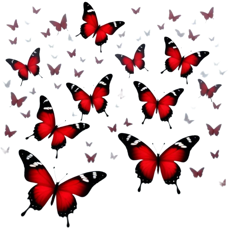A surreal composition with deep red butterflies fluttering in the foreground, their wings illuminated by an unseen light, while faded black crosses stand solemnly in the misty background. The air feels heavy with mystery, blending passion and melancholy in a striking visual. emoji