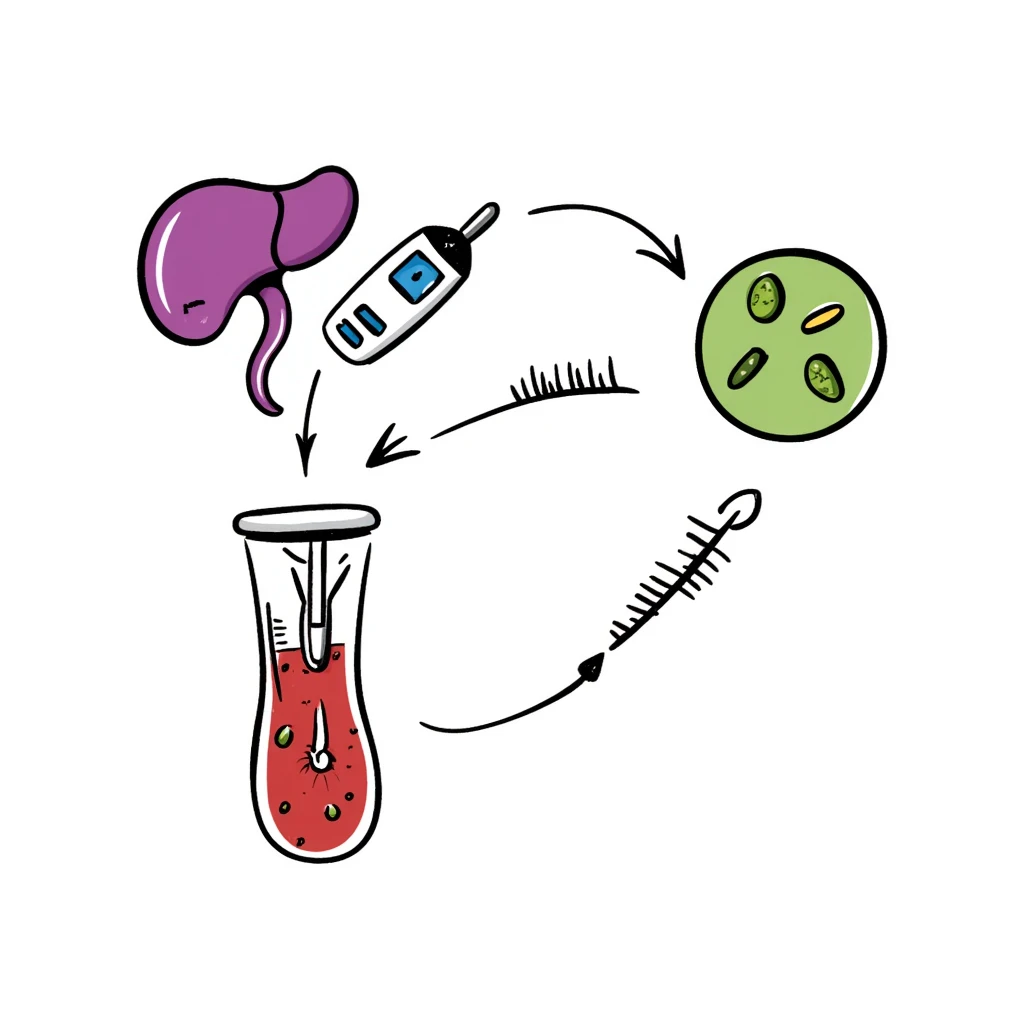 Anatomical diagram of anti-diabetic mechanism: purple pancreas releasing blue insulin molecules, red blood vessels with yellow glucose particles, green cell receptors accepting insulin. Hand-drawn illustration showing glucose regulation with arrows indicating reduced blood sugar levels. emoji