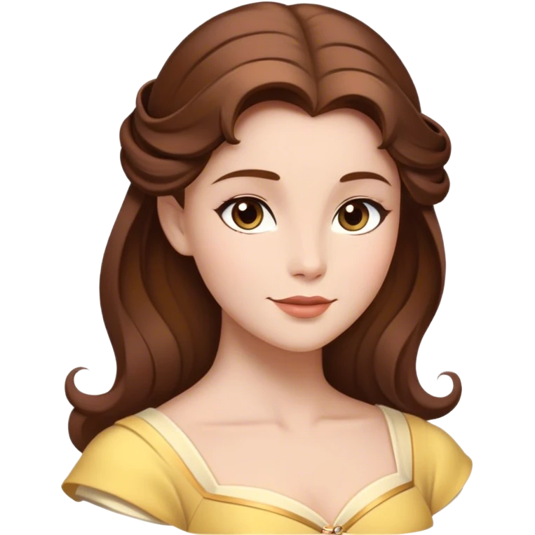Cinematic Timeless Belle Portrait Emoji, rendered in a clean, vector style. Depict Belle with fair, luminous skin, beautifully arranged brown hair, and a serene, graceful expression, dressed in her classic attire. The design features bold, simplified shapes, a soft, enchanting glow, and a subtle glowing outline, capturing the essence of pure, timeless beauty. emoji