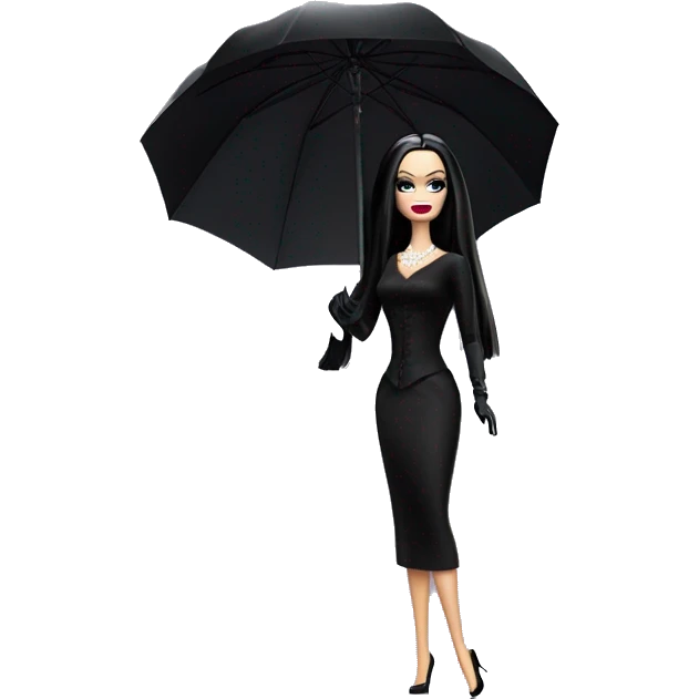 Stunning in the Spotlight Barbie, teen Morticia Addams,showing off, show full body,accessories  gloves funeral veil over face umbrella  emoji