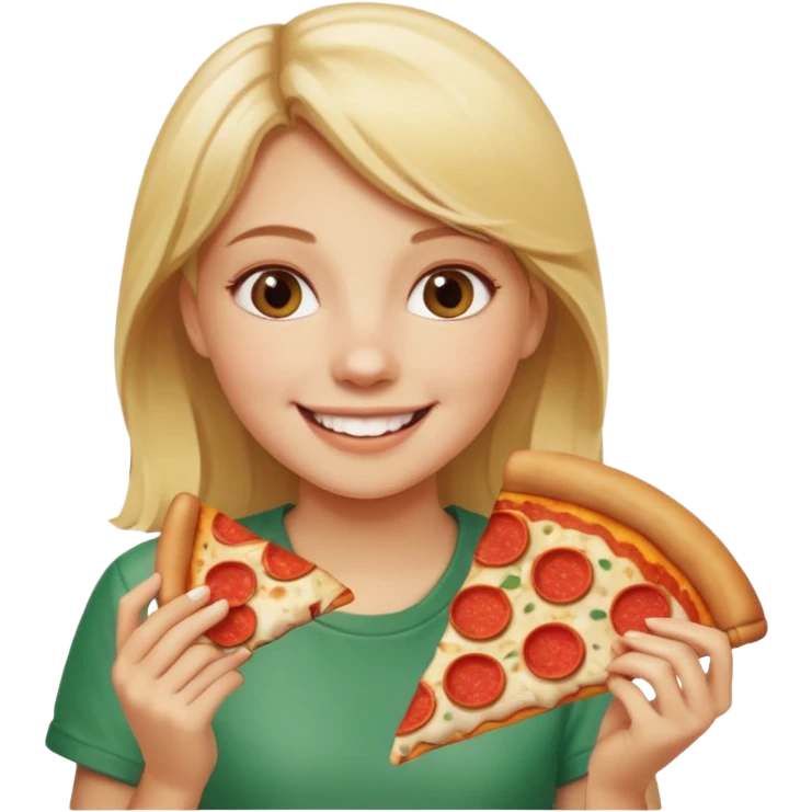 Blonde girl eating pizza smiling emoji