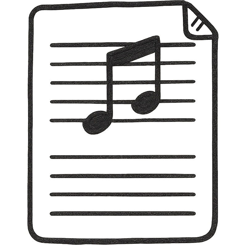 Sheet music icon, hand drawn, black outlines, no fill, simple and clean, side view emoji