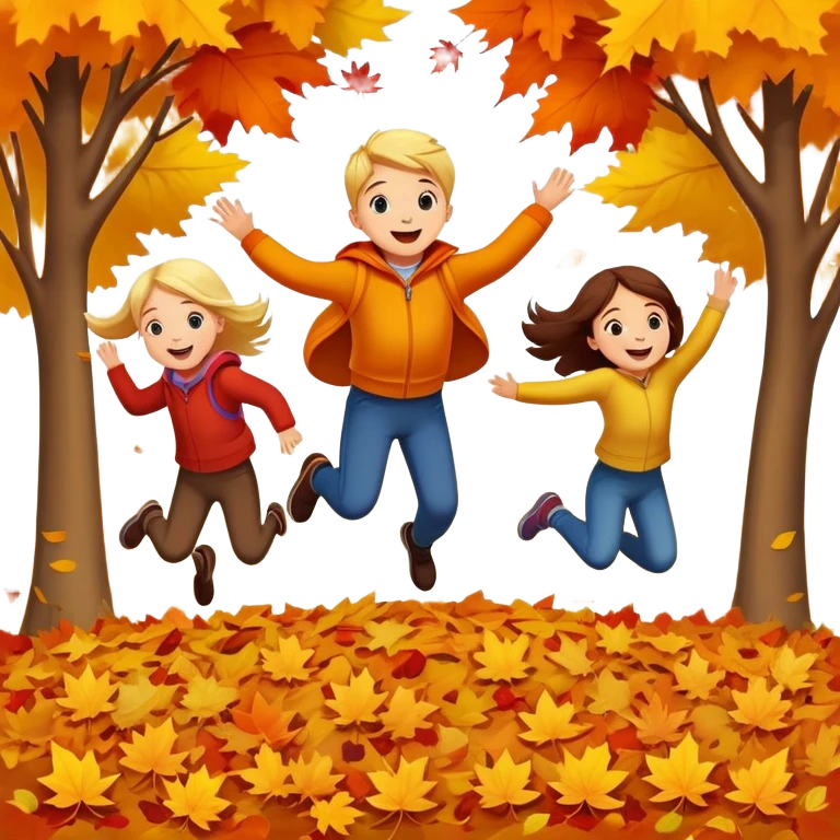 kids jumping into piles of autumn leaves, joyful expressions, colorful fall scene emoji