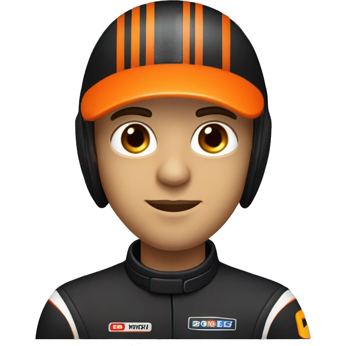 Head and shoulders of a race car driver wearing a black suit with orange stripes and a black helmet with an orange design and a closed visor emoji