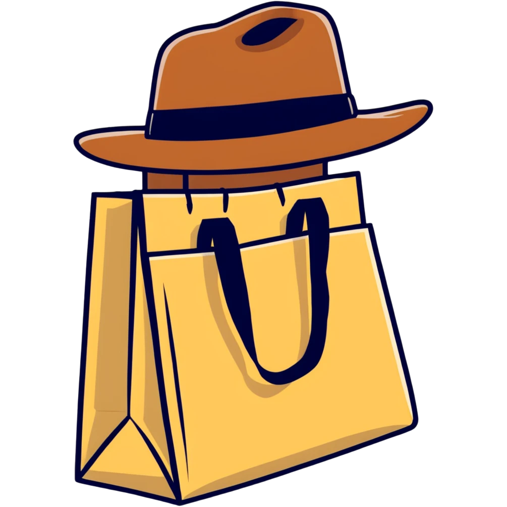 shopping bag with an Indiana Jones hat on top emoji