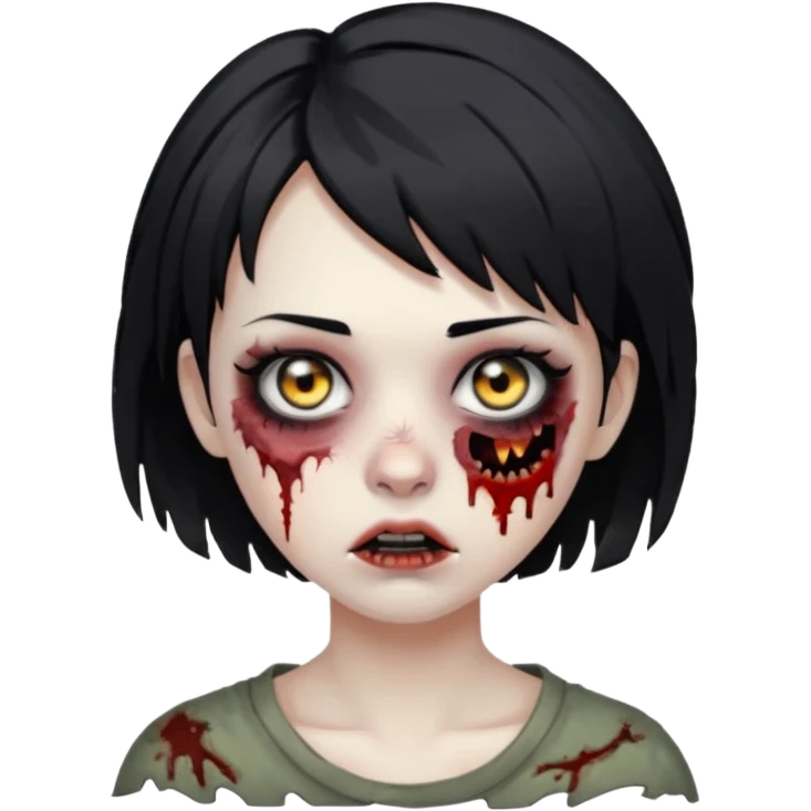 Zombie girl with messy black short hair with lashes and torn cheek emoji