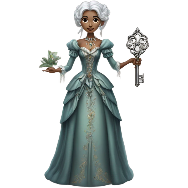 elf gray woman login holding a big key in victorian dress, full body emoji