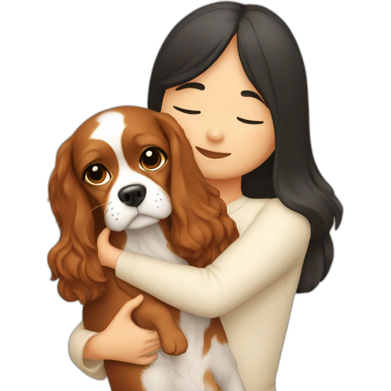 asian girl hugging two cavalier king charles spaniel  emoji