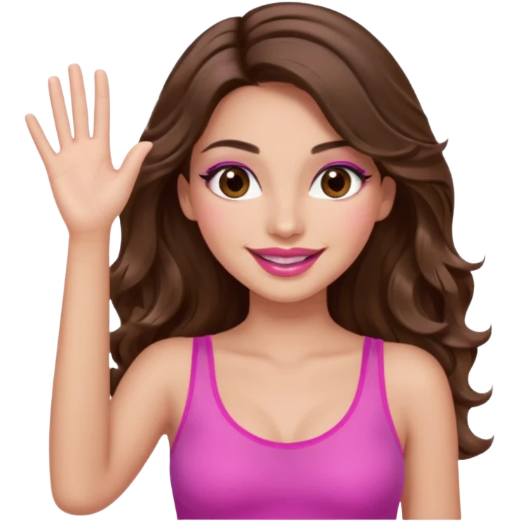 girl with long wavy brown hair, brown eyes, long lashes makeup, sexy pink lips, light to medium complexion, wearing a pink sexy top, one hand in the air high emoji