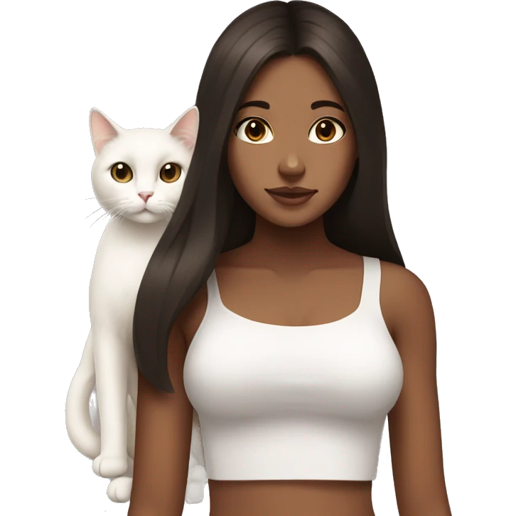 Tan girl with dark brown long hair holding a white cat with a croptop emoji