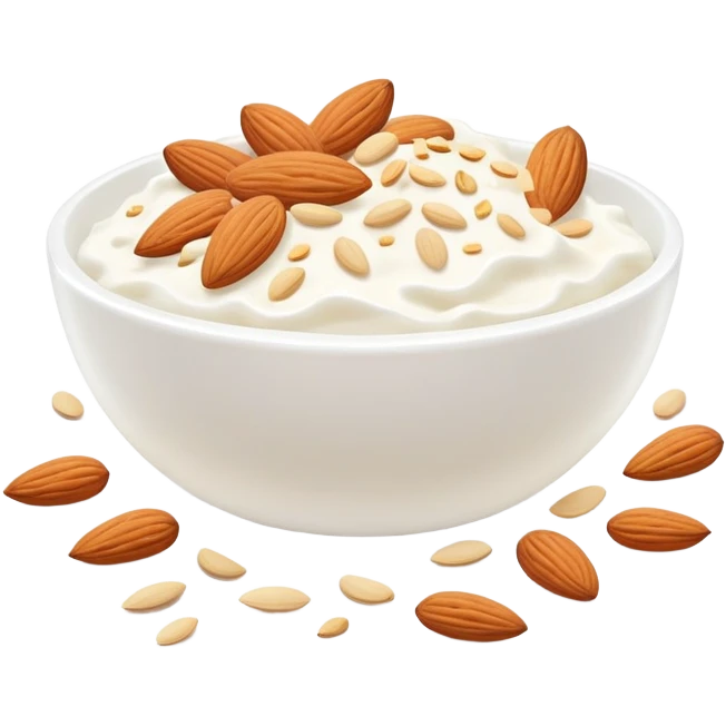 A glowing white bone surrounded by calcium-rich foods: shredded cheese, natural yogurt, sesame seeds and almonds emoji
