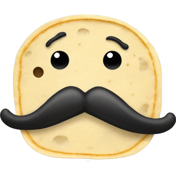 tortilla with horizontal black line for eyes and a long noodle like black mustache with only a single noodle for the mustache emoji