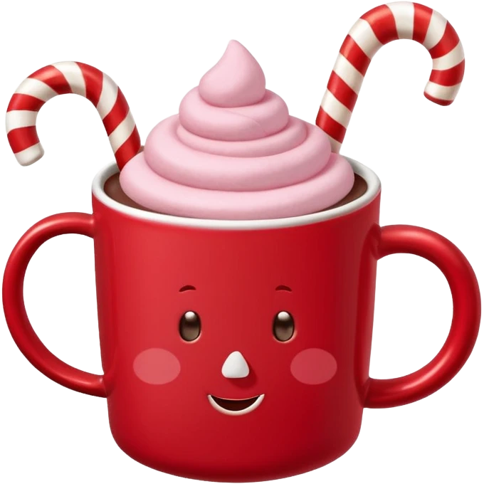 hot chocolete with pastel pink marshmallows in red christmas mug and candy cane emoji