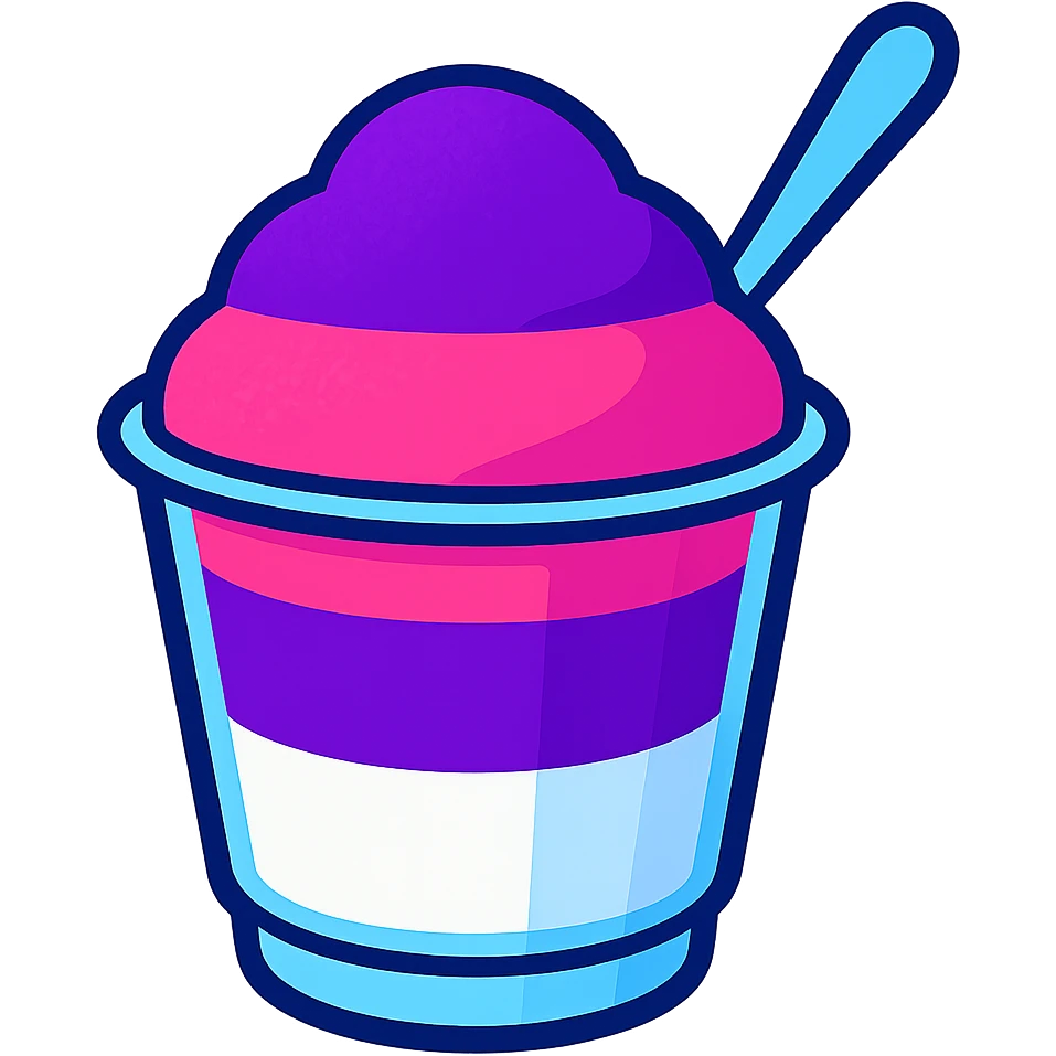 Italian ice with three distinct stripes: purple, pink, and white, in a transparent cup, with a spoon emoji