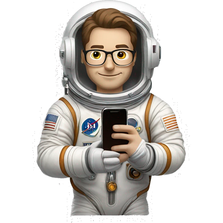 Man in glasses and an astronaut suit holding a phone. His suit has a Bitcoin symbol on the chest. He has short brown hair and a friendly expression emoji