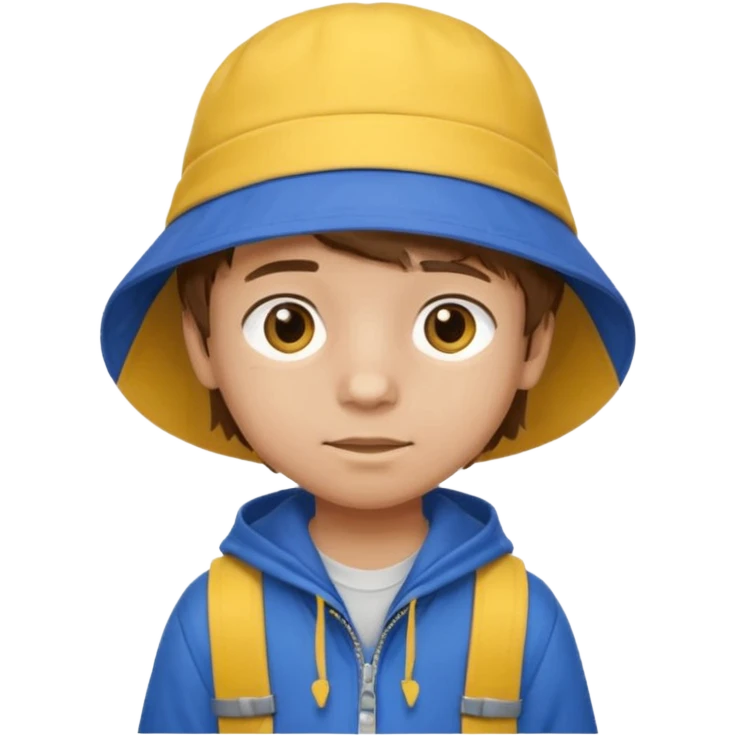 Little student, brown hair boy, wears blue bucket hat and jacket, yellow backpack, shy emoji