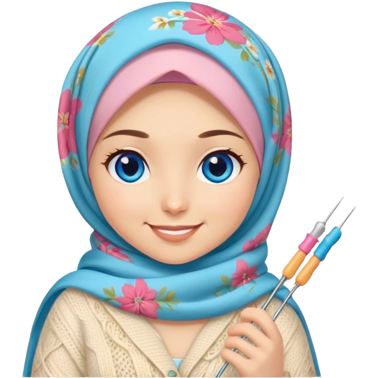 Turkish beautiful finish Konya girl blue eyes with spring floral butterfly hijab does knitting  emoji