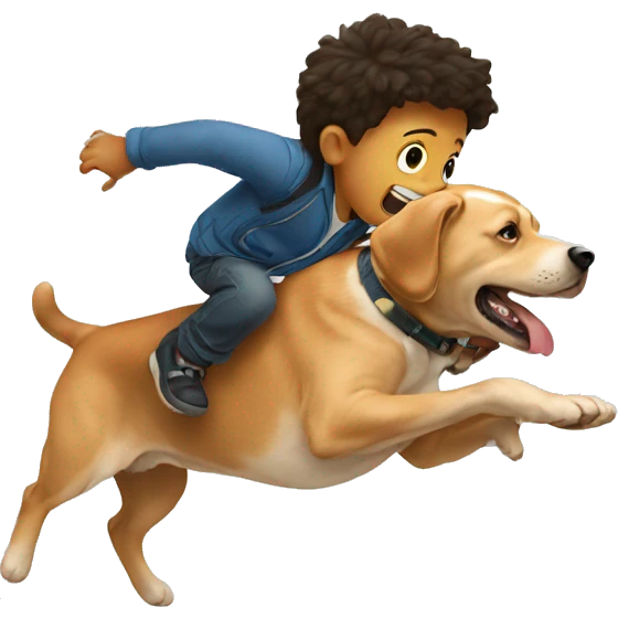 A little boy, jumping over a dog emoji