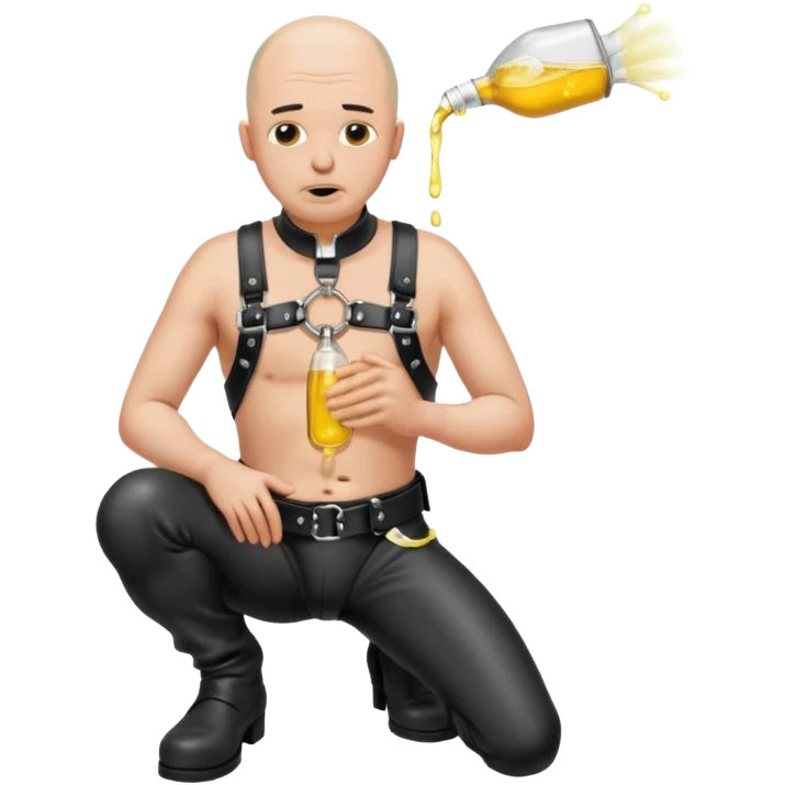submissive bald man on his knees in a black leather harness standing man in leather, pouring piss down his throat emoji