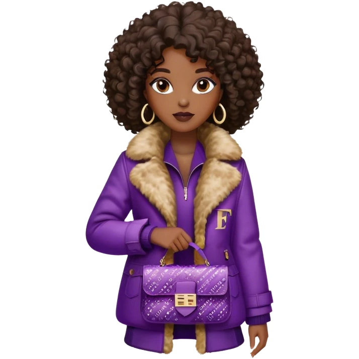 Beautiful black woman with curly hair. She is wearing a brown monogram Fendi jacket with a fur trim. She is carrying a Fendi Baguette
Purple sequined bag. I want the image close up. The jacket is not purple.  emoji