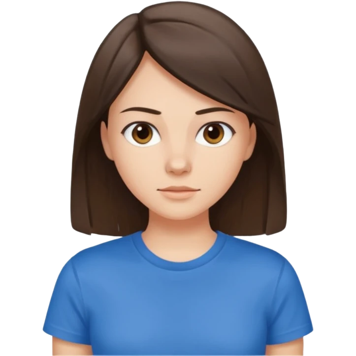 young brunette brawn-eyed woman with straight hair with a blue t-shirt with  emoji
