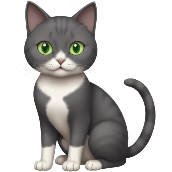 beautiful female solid dark grey cat with green eyes, white toes/paws and white patch on her chest playing emoji