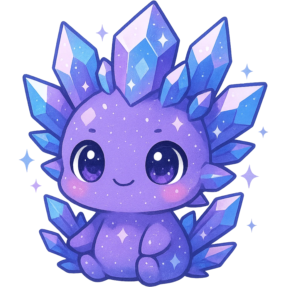 kawaii chibi crystal sprite creature, mostly purple with blue and pink accents, big eyes, sparkly, chibi proportions, cute face emoji