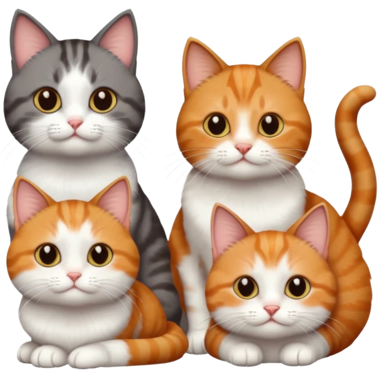 3 different coloured short haired cats including; a dark brown tabby and white cat, and a dark grey and white and a ginger and white emoji