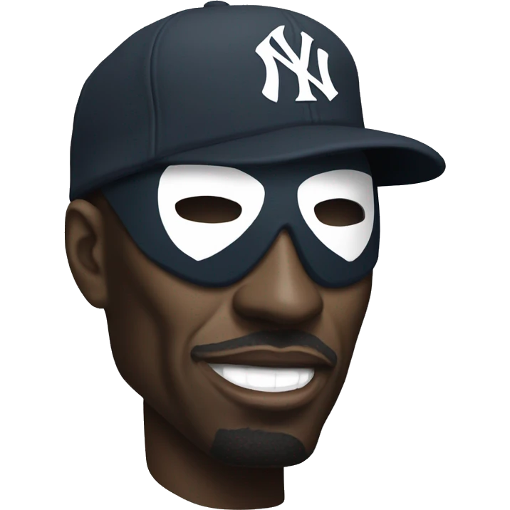 black man in mf doom mask and new york yankee hat on emoji