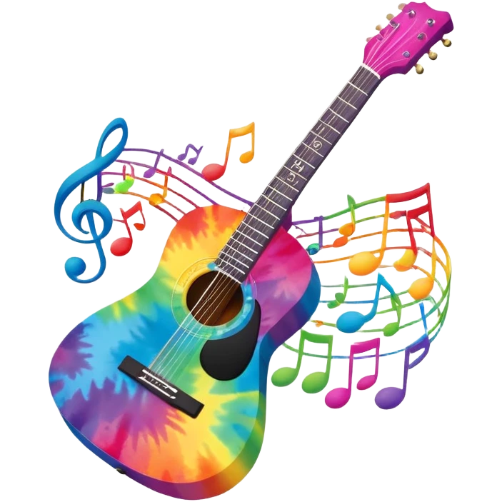 Tie-dye guitar with music notes around it emoji