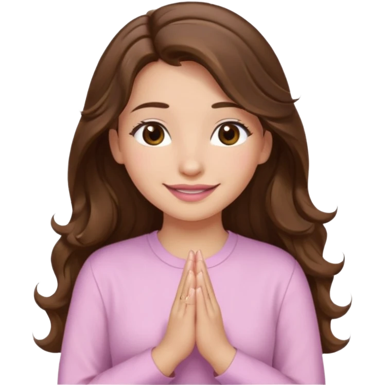 girl with wavy long brown hair, brown eyes, light to medium complexion, long lashes, light pink lipstick, praying, smiling, wearing light pink shirt emoji