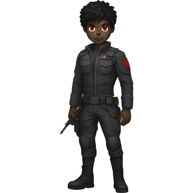 Black militar demon boy, grey skin and red eyes, black hair emoji