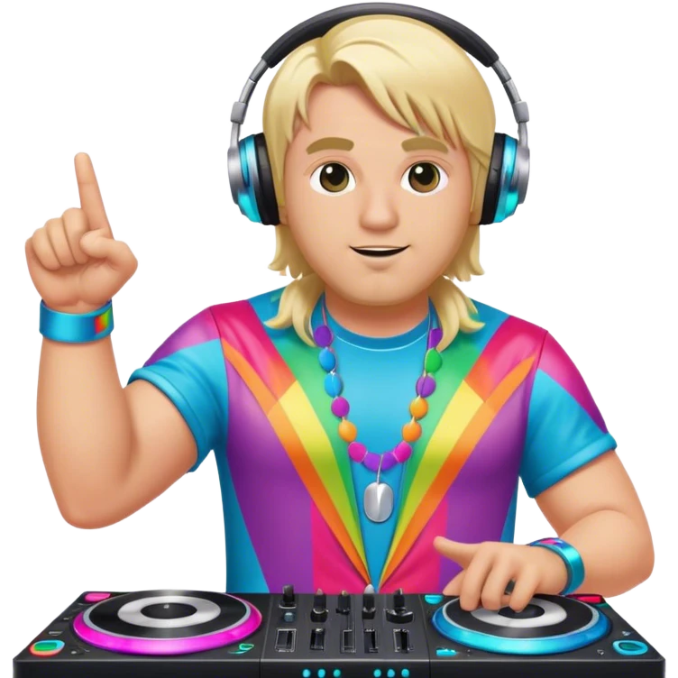 blond big man in colorful dj outfit pointing next to him emoji